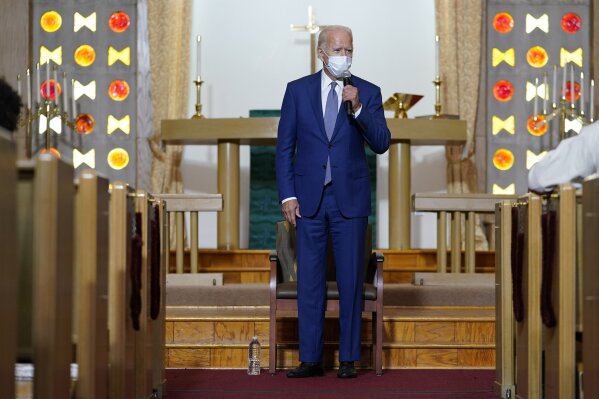 Democratic presidential candidate former Vice President Joe Biden speaks as he meets with community members at Grace Lutheran Church in Kenosha, Wis., Thursday, Sept. 3, 2020. (AP Photo/Carolyn Kaster)