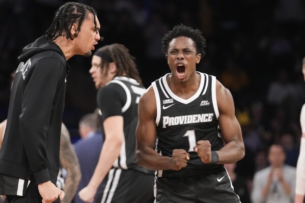 Providence 's Jayden Pierre (1) reacts during the second half of the team's NCAA college basketball game against Creighton in the quarterfinals of the Big East Conference men's tournament Thursday, March 14, 2024, in New York. (AP Photo/Mary Altaffer)