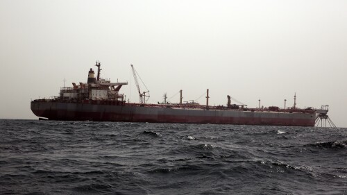 Safer tanker is seen on Monday, June 12, 2023, off the coast of Yemen. Safer has posed an environmental threat since 2015, as it decayed and threatened to spill its contents of 1.14 million barrels into the Red Sea and Indian Ocean. In May, the United Nations announced that the first step of the ship's salvage process had begun, with the arrival of a ship that would remove atmospheric oxygen from the ship's oil chambers. (AP Photo/Osamah Abdulrahman)