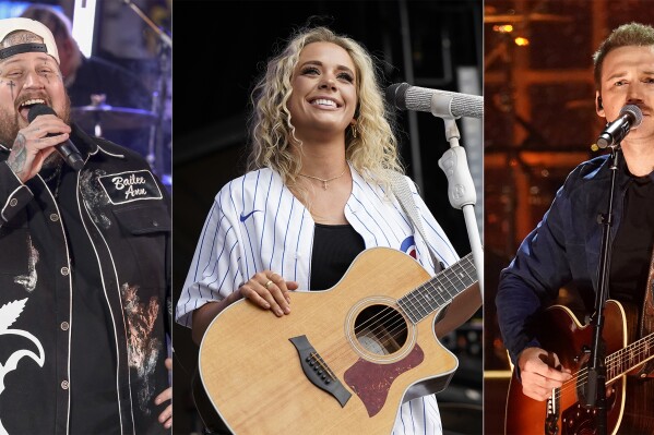 This combination of photos shows Jelly Roll performing during the Times Square New Year's Eve celebration in New York on Dec. 31, 2023, left, Megan Moroney performing at the Windy City Smokeout festival in Chicago on July 15, 2023, center, and Morgan Wallen performing at the 57th Annual CMA Awards on Wednesday, Nov. 8, 2023, at the Bridgestone Arena in Nashville, Tenn. (AP Photo)