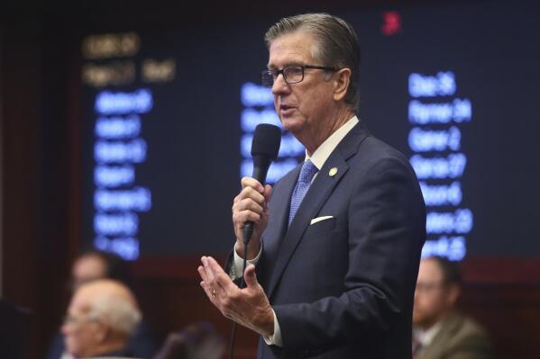 Sen. Jim Boyd, R-Bradenton makes a point about his Senate Bill CS/SB 2-D: Property Insurance in the Florida Senate Tuesday, May 24, 2022 at the Capitol in Tallahassee, Fla. (AP Photo/Phil Sears)