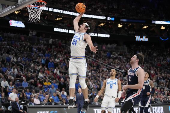 UCLA's Jaime Jaquez Jr. (24) goes up for a dunk in the second half of a Sweet 16 college basketball game against Gonzaga in the West Regional of the NCAA Tournament, Thursday, March 23, 2023, in Las Vegas. (AP Photo/John Locher)