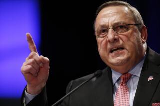 FILE- In this Jan. 7, 2015, file photo, Republican Gov. Paul LePage delivers his inauguration address in Augusta, Maine. LePage said out-of-state drug dealers are impregnating “young white” girls, and he was quickly derided by critics on Thursday, Jan. 7, 2016. (AP Photo/Robert F. Bukaty, File)