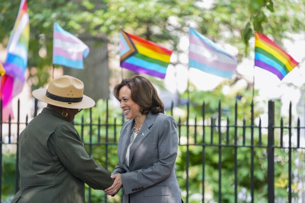 Vice President Kamala Harris, right, greets National Parks Service Superintendent Shirley MaKinney during a visit to the Stonewall Inn and National Monument, Monday, June 26, 2023, in New York. (AP Photo/Mary Altaffer)