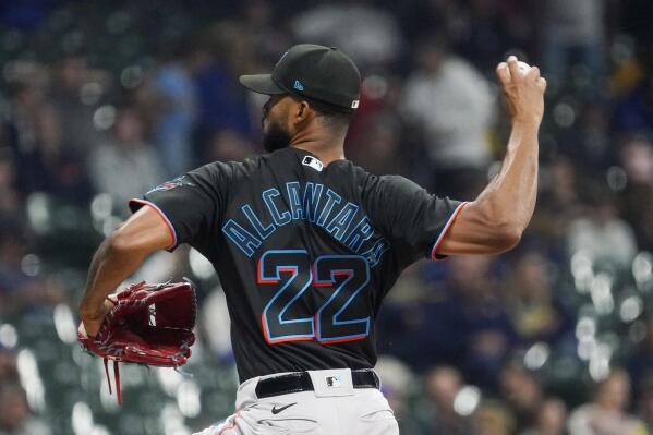 Miami Marlins starting pitcher Sandy Alcantara throws during the first inning of a baseball game against the Milwaukee Brewers Friday, Sept. 30, 2022, in Milwaukee. (AP Photo/Morry Gash)