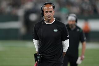 New York Jets head coach Robert Saleh reacts during the first half of an NFL preseason football game against the Philadelphia Eagles Friday, Aug. 27, 2021, in East Rutherford, N.J. (AP Photo/John Minchillo)