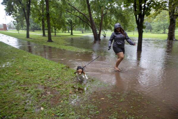 A woman walks her dog through a footpath flooded by Tropical Storm Henri in Bushnell Park in Hartford, Connecticut, on Sunday, Aug. 22, 2021. (AP Photo/Ted Shaffrey)