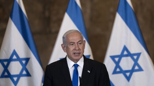 FILE - Israel's Prime Minister Benjamin Netanyahu speaks at the weekly cabinet meeting, in the Western Wall tunnels in the Old City of Jerusalem, Sunday, May 21, 2023. Netanyahu's office said early Sunday, July 23, that he was undergoing a procedure to receive a pacemaker. (AP Photo/ Maya Alleruzzo, Pool, File)