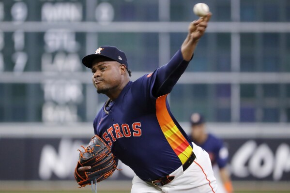 Houston Astros starting pitcher Framber Valdez throws against the Oakland Athletics during the first inning of a baseball game Wednesday, May 15, 2024, in Houston. (Ǻ Photo/Michael Wyke)