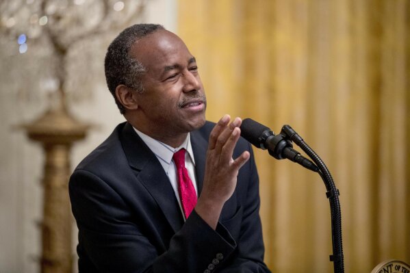 
              FILE - In this Oct. 26, 2018, file photo, Housing and Urban Development Secretary Ben Carson speaks to the audience before President Donald Trump speaks at the 2018 Young Black Leadership Summit in the East Room of the White House in Washington. Government auditors say Carson violated the law when his department spent more than $40,000 to purchase a dining set and a dishwasher for his office’s executive dining room. In a report released May 16, 2019, the Government Accountability Office says the agency failed to notify Congress before exceeding a $5,000 limit to furnish or make improvements to the office of a presidential appointee. The dining set cost more than $31,000 and the dishwasher cost nearly $9,000. (AP Photo/Andrew Harnik, File)
            