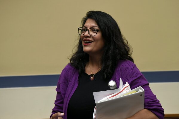 Rep. Rashida Tlaib, D-Mich., arrives at a House Oversight Committee hearing on Capitol Hill in Washington, Monday, July 15, 2019, on White House counselor Kellyanne Conway's violation of the Hatch Act. (AP Photo/Susan Walsh)