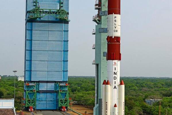This photo released by Indian Space Research Organization shows the EOS-09 Earth observation satellite on board the PSLV-C61 launch vehicle at Sriharikota space center in southern India, Saturday, May 17, 2025. (Indian Space Research Organization via AP)
