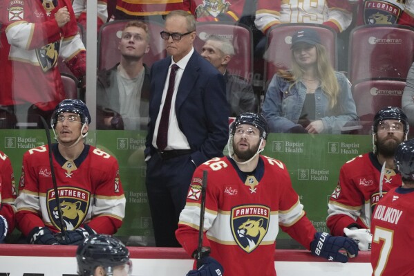 Florida Panthers head coach Paul Maurice reacts during the third period in Game 4 of the NHL hockey Stanley Cup Eastern Conference finals against the Carolina Hurricanes, Monday, May 26, 2025, in Sunrise, Fla. (AP Photo/Lynne Sladky)