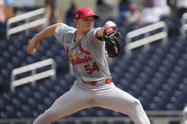 St. Louis Cardinals starting pitcher Sonny Gray throws during the first inning of a spring training baseball game against the Washington Nationals Monday, March 4, 2024, in West Palm Beach, Fla. (AP Photo/Jeff Roberson)