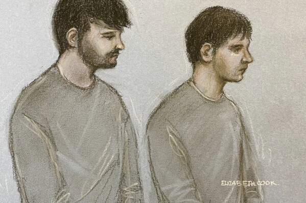 This court artist sketch by Elizabeth Cook shows Dmitrijus Paulauska, left, and Jake Reeves, who along with Paul English and Nii Mensah have been charged in connection with the case of a London arson plot, at Westminster Magistrates' Court, central London, Friday April 26, 2024. (Elizabeth Cook/PA via AP)