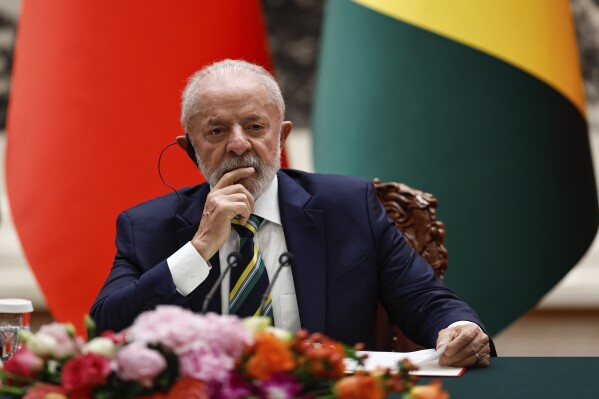 Brazil's President Luiz Inacio Lula da Silva attends a joint press conference with Chinese President Xi Jinping (not pictured) at the Great Hall of the People in Beijing, China, Tuesday, May 13, 2025. (Tingshu Wang/Pool Photo via AP)