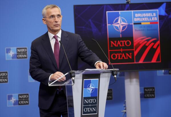 NATO Secretary General Jens Stoltenberg speaks during a media conference ahead of a NATO summit at NATO headquarters in Brussels, Wednesday, March 23, 2022. Western leaders are arriving in Brussels for Thursday's summits taking place at NATO and EU headquarters where they will seek to highlight their sense of unity in the face of the Russian invasion in Ukraine. (AP Photo/Olivier Matthys)