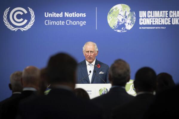 FILE - Britain's then-Prince Charles addresses a Commonwealth Leaders' Reception, at the COP26 Summit, at the SECC in Glasgow, Scotland, Nov. 2, 2021. Now that he's monarch, King Charles III — one of Britain's most prominent environmental voices — will be have to be more careful with his words. (Stefan Rousseau/Pool Photo via AP)