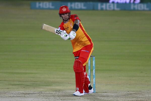 FILE - Islamabad United Alex Hales plays a shot during a Pakistan Super League T20 cricket match between Karachi Kings and Islamabad United at the National Stadium, in Karachi, Pakistan, Wednesday, Feb. 24, 2021. English cricketer Alex Hales has apologized Friday, Nov. 19, 2021, after the publication of a photo showing him in blackface portraying Tupac Shakur at a party in 2009. The apology comes amid an ongoing crisis in English cricket sparked by whistleblower Azeem Rafiq’s revelations about the racism he suffered while playing at Yorkshire. (AP Photo/Fareed Khan, File)