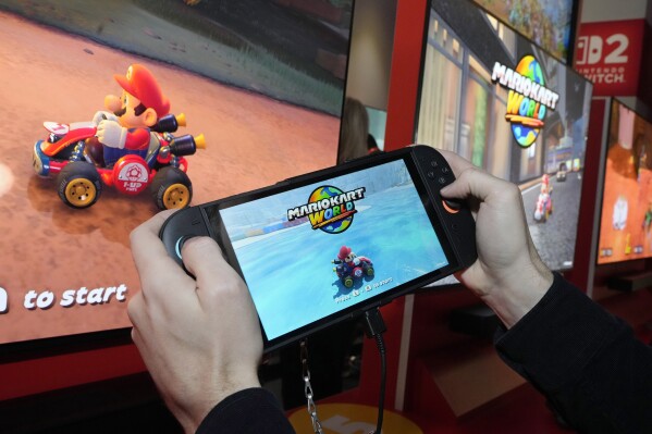 The Nintendo Switch 2 is demonstrated during a media event, in New York, Wednesday, April 2, 2025. (AP Photo/Richard Drew, File)