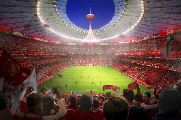 This undated and computer-generated picture, issued by Manchester United, shows an interior view of the planned new Manchester United stadium. (Foster + Partner via AP)