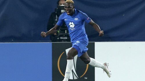 FILE - Molde's then player David Datro Fofana celebrates during the Europa League soccer match between Molde and 1899 Hoffenheim in Villarreal, Spain, Feb. 18, 2021. German first division, Bundesliga, team Union Berlin has continued its Champions League preparations by signing Ivorian forward David Datro Fofana from Chelsea on loan for next season. The 20-year-old Fofana rarely played for Chelsea after the Premier League club signed him for a reported fee of around 12 million euros ($13.1 million) from Norwegian team Molde FK in January. (AP Photo/Alberto Saiz, File)