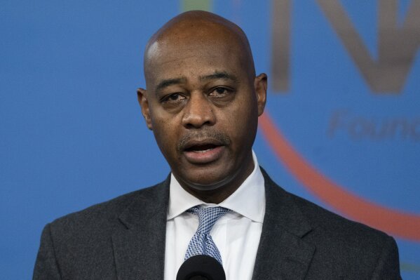 FILE - In this Thursday March 18, 2021, file photo, Ray McGuire, a New York City Democratic mayoral candidate, speaks at a press conference on anti-Asian hate crimes in New York. Hip-hop legends Jay-Z, Diddy and Nas endorsed banker McGuire for New York City mayor on Wednesday, April 14, 2021, throwing their star power behind a candidate who has yet to break through in a crowded Democratic primary field. (AP Photo/Mark Lennihan, File)