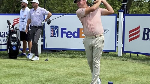 Lucas Glover tees off on the first hole at the Barbasol Championship golf tournament in Nicholasville, Ky. Thursday, July 13, 2023. (Cameron Drummond/Lexington Herald-Leader via AP)