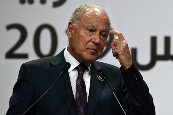 FILE - In this March 31, 2019 file photo, Arab League Secretary-General, Ahmed Aboul Gheit, gestures during a joint press conference with Tunisian Foreign Minister Khemaies Jhinaoui, in Tunis, Tuni...