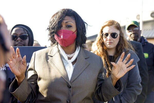 FILE - Plaintiff Rhonda Grayson speaks outside of the Muscogee Nation court building after a hearing challenging the Muscogee citizenship board on Thursday, Dec. 1, 2022, in Okmulgee, Okla. A tribal court judge for the Muscogee (Creek) Nation in Oklahoma has ruled in favor of two descendants of Black slaves once owned by tribal members. District Judge Denette Mouser, based in the tribe's headquarters in Okmulgee, ruled late Wednesday, Sept. 27, 2023, in favor of two Black Muscogee Nation freedmen, Grayson and Jeff Kennedy, who had sued the tribe's citizenship board for denying their applications. (Mike Simons/Tulsa World via AP, File)