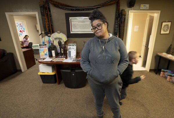 Tiffany McCarter, executive director of the African American Family and Cultural Center, pauses as she discusses her fear that the14 year-old facility might close due to the loss of county mental health funding, during an interview in Oroville, Calif., Feb. 8, 2024. A measure aimed at transforming how California spends money on mental health will go before voters in March as the state continues to grapple an unabated homelessness crisis. (AP Photo/Rich Pedroncelli)