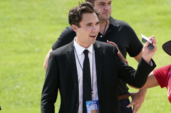 David Hogg talks to people after speaking at the 60th Anniversary of the March on Washington at the Lincoln Memorial in Washington, Aug. 26, 2023. (AP Photo/Andrew Harnik, File)