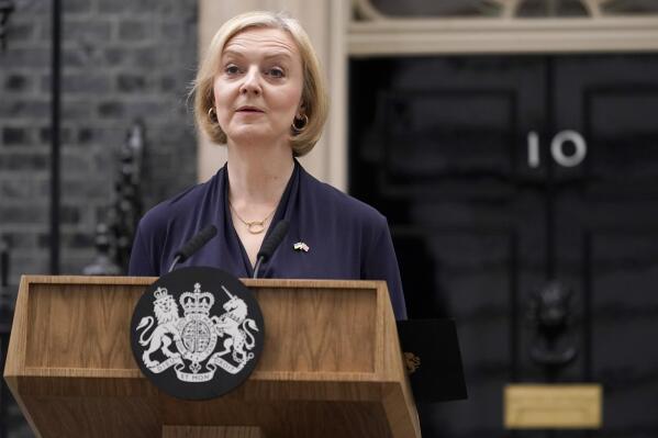 Britain's Prime Minister Liz Truss announces her resignation as Prime Minister and leader of the Conservative party, in Downing Street in London, Thursday, Oct. 20, 2022. (AP Photo/Alberto Pezzali)