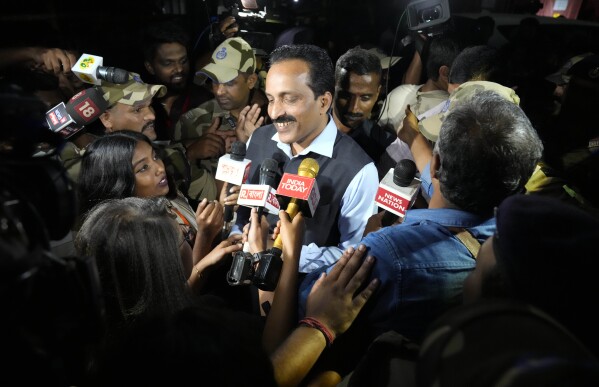 Indian Space Research Organization (ISRO) Chairman S. Somanath addresses the media after the successful landing of spacecraft Chandrayaan-3 on the moon at ISRO's Telemetry, Tracking and Command Network facility in Bengaluru, India, Wednesday, Aug. 23, 2023. (AP Photo/Aijaz Rahi)