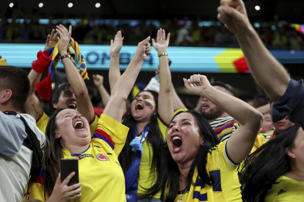 Colombian fans celebrate at the end of the Women's World Cup Group H soccer match between Germany and Colombia at Sydney Football Stadium in Sydney, Australia, Sunday, July 30, 2023. Colombia won 2-1. (AP Photo/Jessica Gratigny)