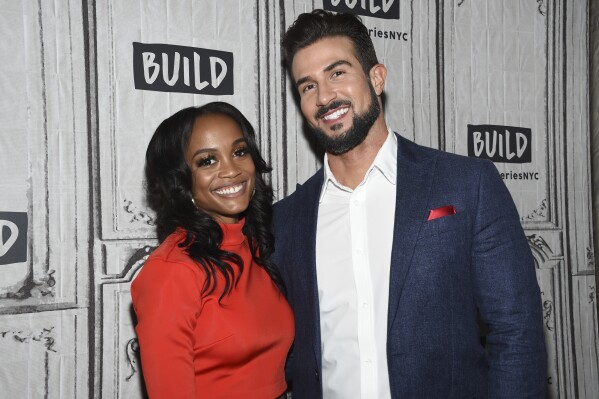 FILE - Television personalities Rachel Lindsay, left, and her husband Bryan Abasolo participate in the BUILD Speaker Series to discuss the television series 