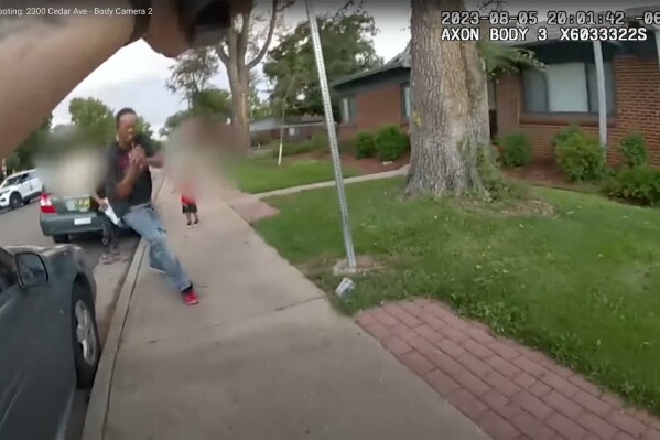 This image provided by Denver Police Department shows police body-worn camera video footage of a police encounter with Brandon Cole, on Aug. 5, 2023 in Denver. Investigators say the police officer fatally shot Cole, who she thought was armed with a knife, when he lunged at her, but he was holding only a black marker. (Denver Police Department via AP)