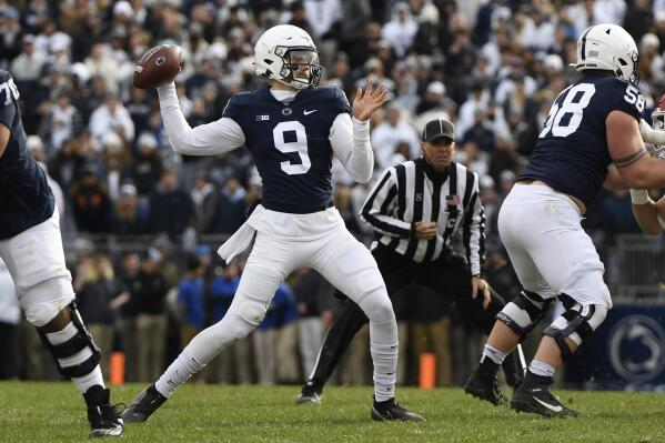 Penn State quarterback Christian Veilleux throws a pass against Rutgers during the first half of an NCAA college football game in State College, Pa., Saturday, Nov. 20, 2021. (AP Photo/Barry Reeger)