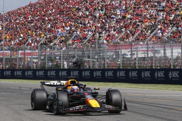 Red Bull driver Max Verstappen of the Netherlands steers his car during the Italy's Emilia Romagna Formula One Grand Prix race at the Dino and Enzo Ferrari racetrack in Imola, Italy, Sunday, May 19, 2024. (AP Photo/Antonio Calanni)