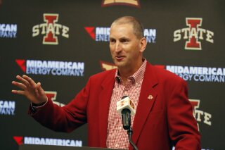 FILE - In this Aug. 1, 2018, file photo, Iowa State Athletic Director Jamie Pollard speaks during an NCAA college football news conference, in Ames, Iowa. Iowa State has extended the contract of Athletics Director Jamie Pollard to 2026. (AP Photo/Charlie Neibergall, File)