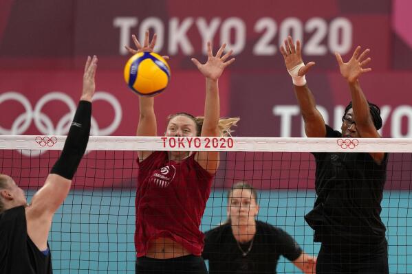 FILE - The U.S. women's volleyball team practices during a team training session at Ariake Arena during the 2020 Summer Olympics, July 22, 2021, in Tokyo. Authorities on Thursday, Nov. 10,2022, were looking for three Olympic medals belonging to a member of the U.S. women's volleyball team after they were stolen from a Southern California home. (AP Photo/Frank Augstein. File)