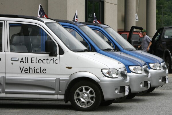 FILE - Electric vehicles are lined up for sale as an alternative to gas-powered cars at Walker Motors, a Ford dealership, in Montpelier, Vt., Monday, June 16, 2008. The neighboring state of Maine's environmental regulators are set to decide, Wednesday, March 20, 2024, whether the state will join a growing number of states adopting new standards designed to grow the use of electric vehicles. (AP Photo/Toby Talbot, File)