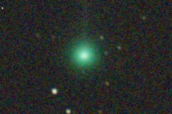 This image provided by Mike Olason shows the newly-discovered comet SWAN on April 6, 2025. (Mike Olason via AP)