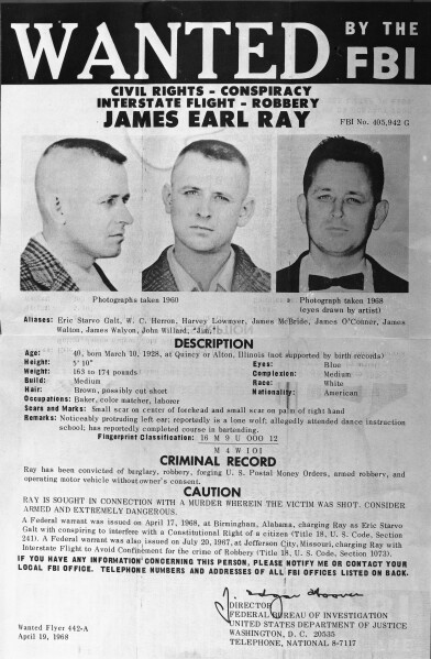 James Earl Ray is shown on an FBI poster, April 20, 1968.  Ray is being sought in connection with the sniper slaying of civil rights leader Dr. Martin Luther King, Jr.  (AP Photo)