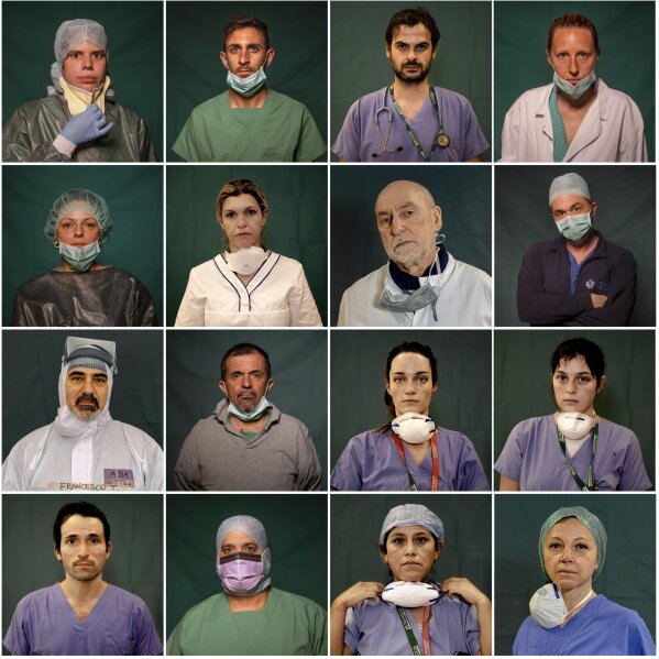 A combo of portraits of Italian doctors and nurses taken during a break or at the end of their shifts in Rome, Bergamo and Brescia, Italy, Friday, March 27, 2020. The intensive care doctors and nurses on the front lines of the coronavirus pandemic in Italy are often almost unrecognizable behind their masks, scrubs, gloves and hairnets their only barrier to contagion. Associated Press photographers fanned out on Friday to photograph them during rare breaks from hospital intensive care units in the Lombardy region cities of Bergamo and Brescia, and in Rome. In each case, doctors, nurses and paramedics posed in front of forest green surgical drapes, the bland backdrop of their sterile wards. (AP Photo/Domenico Stinellis, Antonio Calanni, Luca Bruno)