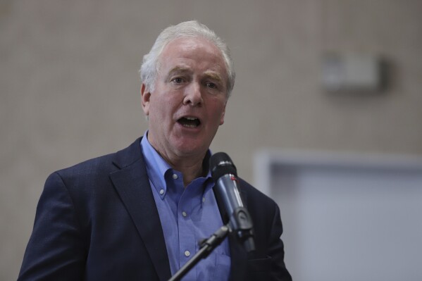 Maryland Sen. Chris Van Hollen speaks to the press in San Salvador, El Salvador, where he arrived regarding Kilmar Abrego Garcia, a Salvadoran citizen who was living in Maryland and deported to El Salvador by the Trump administration, Thursday, April 17, 2025. (AP Photo/Salvador Melendez)