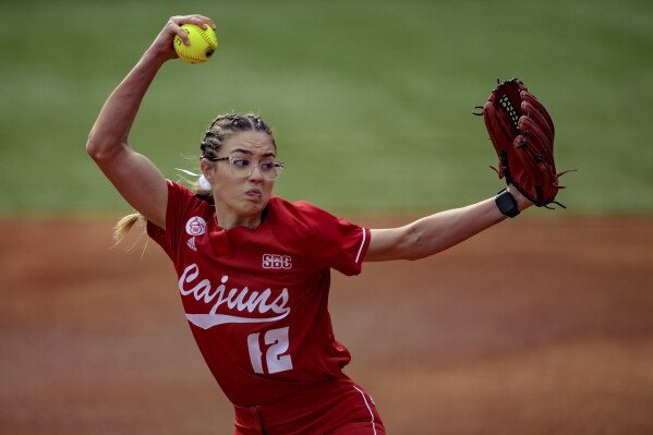 Louisiana starting pitcher Sam Landry (12) throws against California during an NCAA softball game on Friday, Feb 9, 2024, in Lafayette, La. (AP Photo/Matthew Hinton, File)