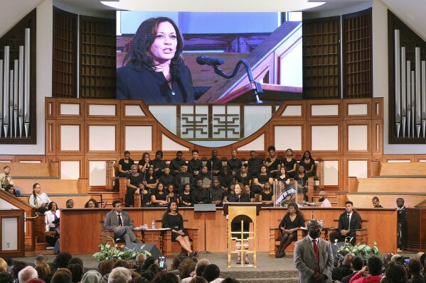 FILE - In this March 24, 2019, file photo, U.S. Sen. Kamala Harris, D-Calif., makes special remarks during the worship service at Ebenezer Baptist Church in Atlanta. Soon after Joe Biden tapped Harris as his running mate, some conservatives began trying to portray her as anti-Catholic, a line of attack that President Donald Trump’s campaign continues to amplify as Democrats court Roman Catholic voters. (Curtis Compton/Atlanta Journal-Constitution via AP, File)