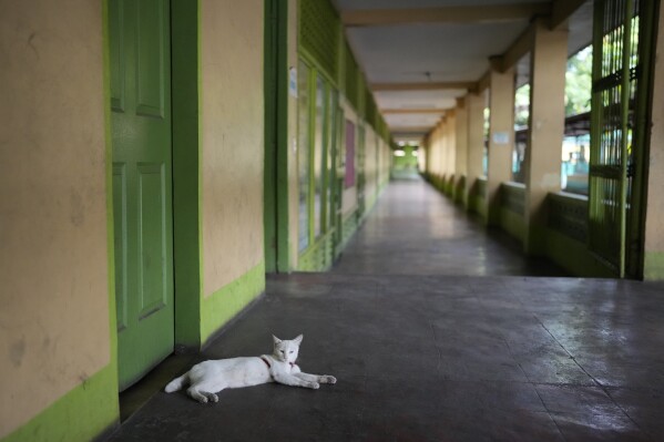 A cat rests in an empty hallway as classes shift to online mode due to the hot weather at the Justo Lukban Elementary School in Manila, Philippines on Monday, April 29, 2024. (Ǻ Photo/Aaron Favila)