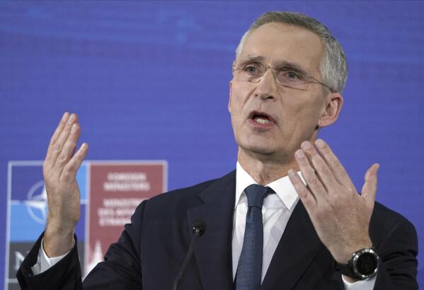 NATO Secretary General Jens Stoltenberg gestures while speaking to the media during a news conference on the sideline of the NATO Foreign Ministers meeting in Riga, Latvia Tuesday, Nov. 30, 2021. (AP Photo/Roman Koksarov)